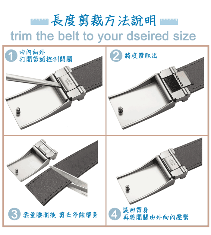 長度剪裁方法說明trim the belt to your dseired size由內向外1打開帶頭控制開關0 將取出裝回帶身6 量腰圍後 剪去多餘帶身4再將開關由外向內壓緊