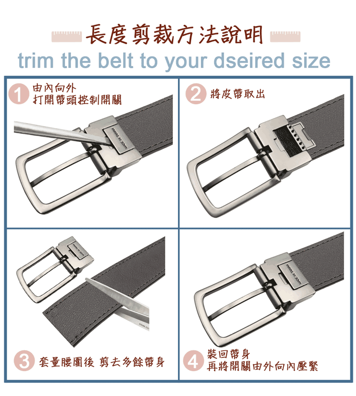 裝回帶身 套量 剪去多餘帶身4再將開關由外向內壓緊    長度剪裁方法說明trim the belt to your dseired size由內向外打開帶頭控制開關將皮帶取出