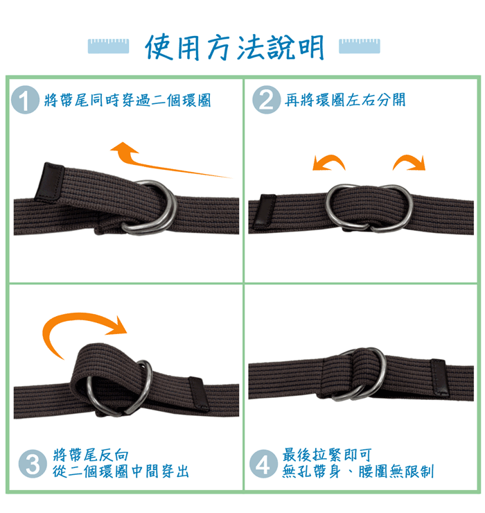 使用方法說明 將帶尾同時穿過二個環圈 再將環圈左右分開3將帶尾反向最後拉緊即可從二個環圈中間穿出4無孔帶身、腰圍無限制
