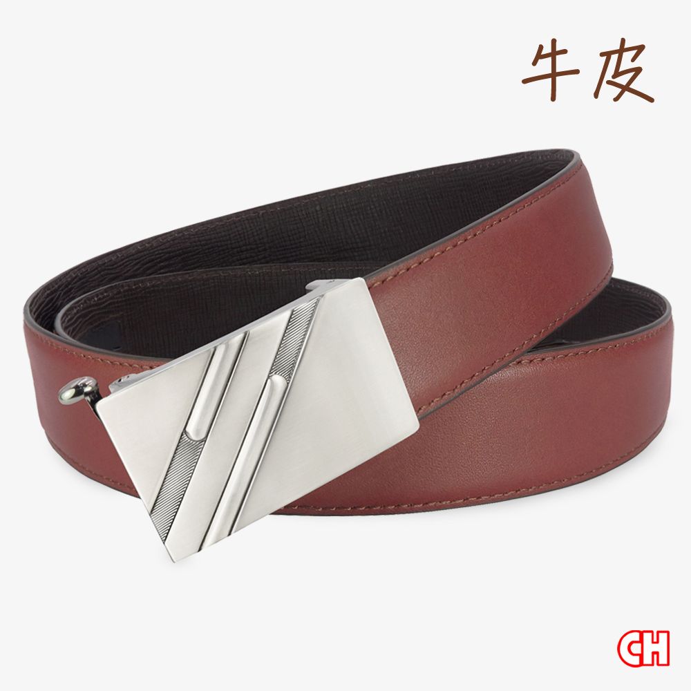 CH-BELT 銓丞皮帶 牛皮-男士自動扣皮帶 免打孔 男皮帶紳士腰帶(暗紅)