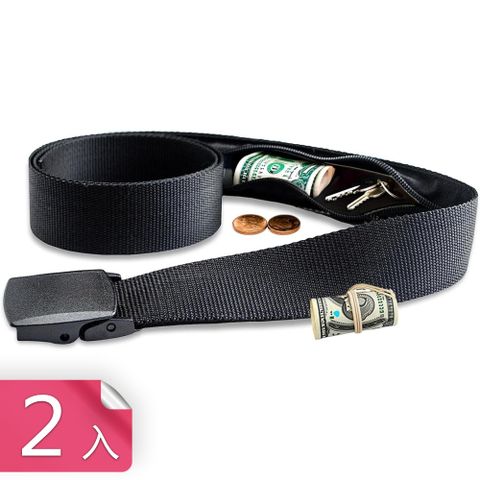 【荷生活】旅行用隱形口袋錢包速扣型腰帶 長短可調拉鏈夾層防搶腰帶-2入