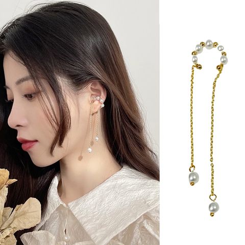 Charme 御金 韓國新品 時尚仿珍珠金珠垂墜長鍊條造型耳骨夾