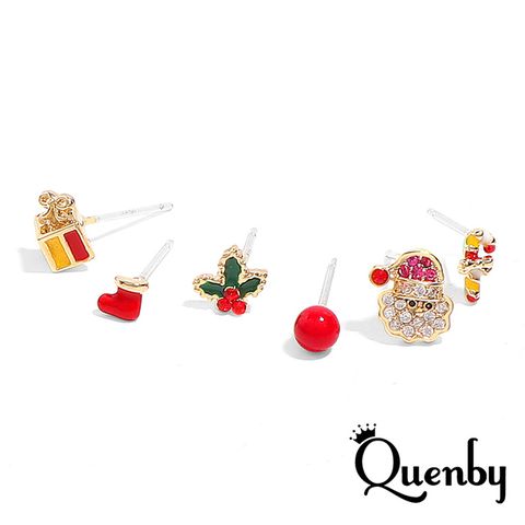 Quenby 簡約迷小巧帶鑽聖誕老公公襪子禮物拐杖耳釘/耳環-6件亮眼組