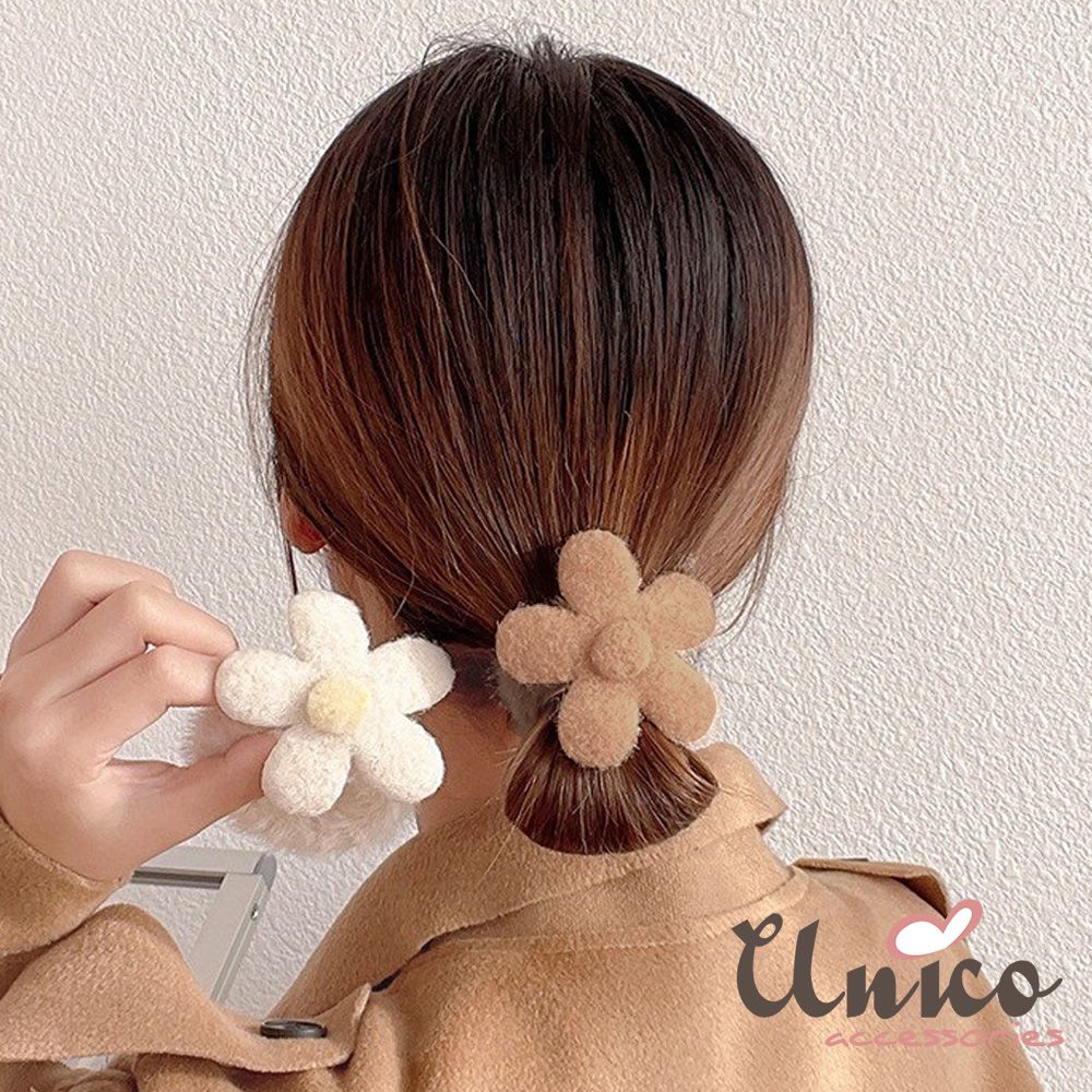 UNICO  秋冬日韓風毛絨花朵綁髮髮圈/髮繩-2入組
