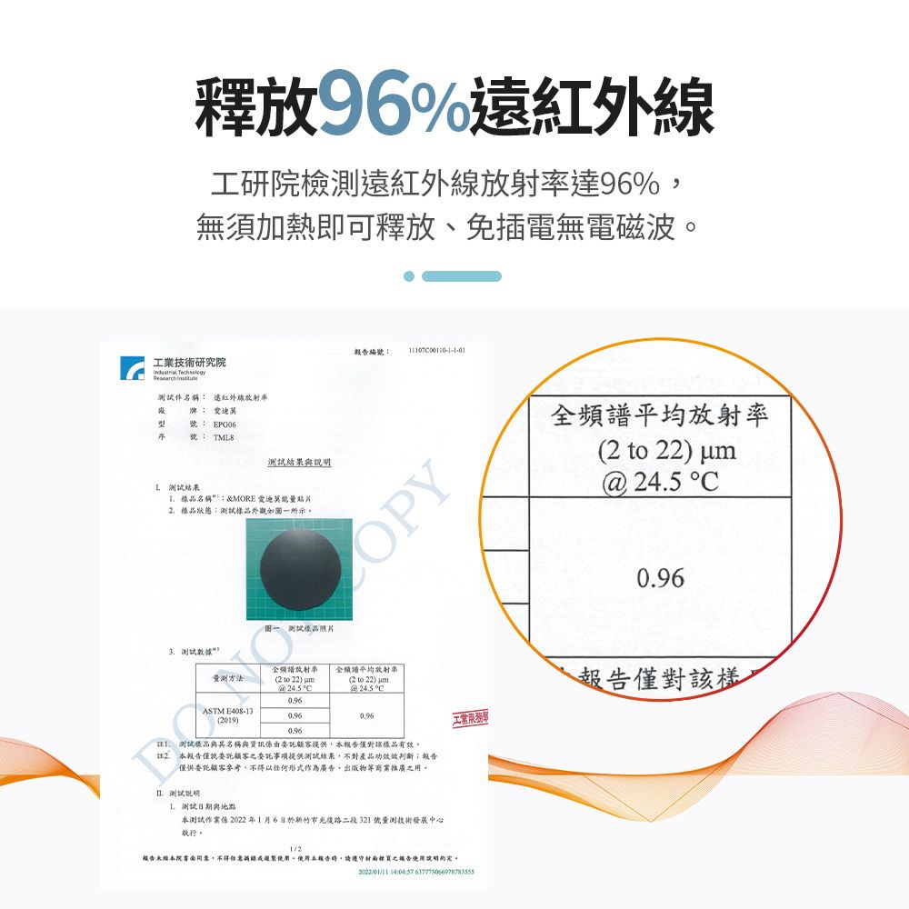 釋放96%紅外線研院檢測遠紅外線率達96%無須加熱即可釋放、免插電無電磁波工業研究院  件名稱 遠紅外線放射率牌號EPG06序號 結果與 測試結果名稱:&MORE貼片狀態:測試外觀一所示編號: 3 測試數據放射率量測方法  2  ASTM E408-132019平均放射率(2 to 22)  C0.96:測試樣品名稱與資訊由委託顧客提供,本報告僅樣品有效。2) 本報告僅就委託顧客之委託事項提供測試結果,不對產品功效做判斷;報告僅供委託顧零參考,不得以任何形式作為廣告,出版物推廣之用。. 測試說明測試日期與地點本測試作案係 2022年1月6日於新竹市光復路二段321號量測技術發展中心執行。工報告未經本院書面同意,不得任意。使用本報告時,請遵守封面裡買之報告使用說明約定。 14:04:57 637775066978783555全頻譜平均放射率(2 to 22) @24.5 C0.96報告僅對該樣