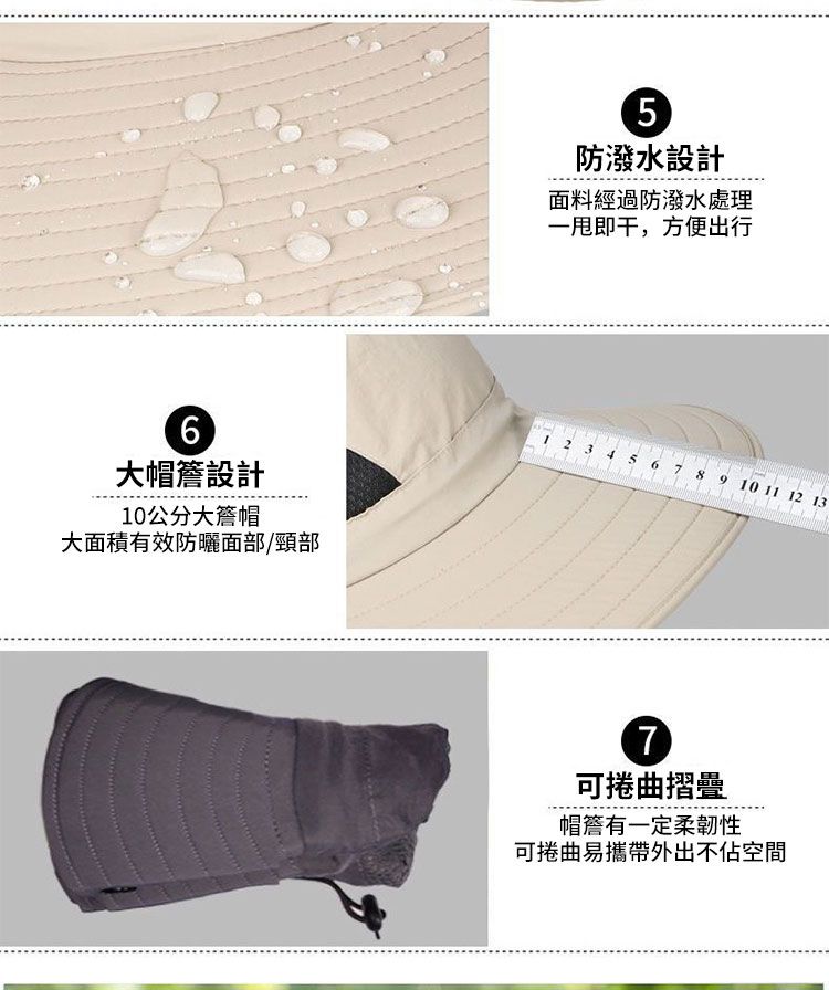 6大帽簷設計10公分大簷帽大面積有效防曬面部/頸部5防潑水設計面料經過防潑水處理即干,方便出行678 9 10 11 12 137可捲曲摺疊帽簷有一定柔韌性可捲曲易攜帶外出不佔空間