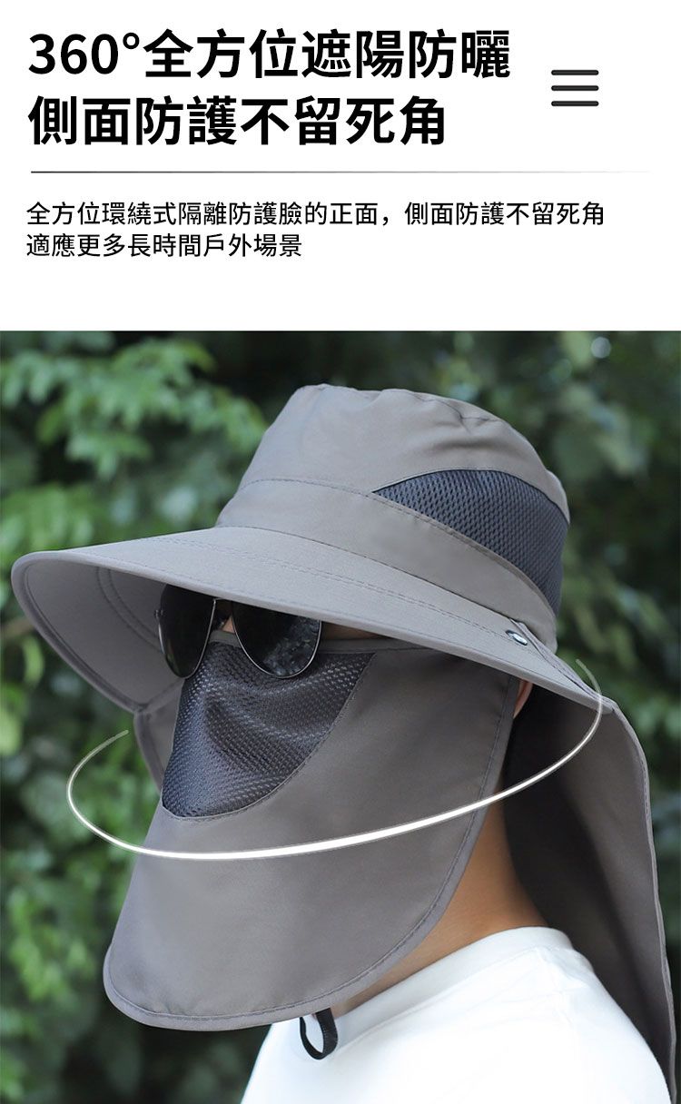360°全方位遮陽防曬側面防護不留死角全方位環繞式隔離防護臉的正面,側面防護不留死角適應更多長時間戶外場景