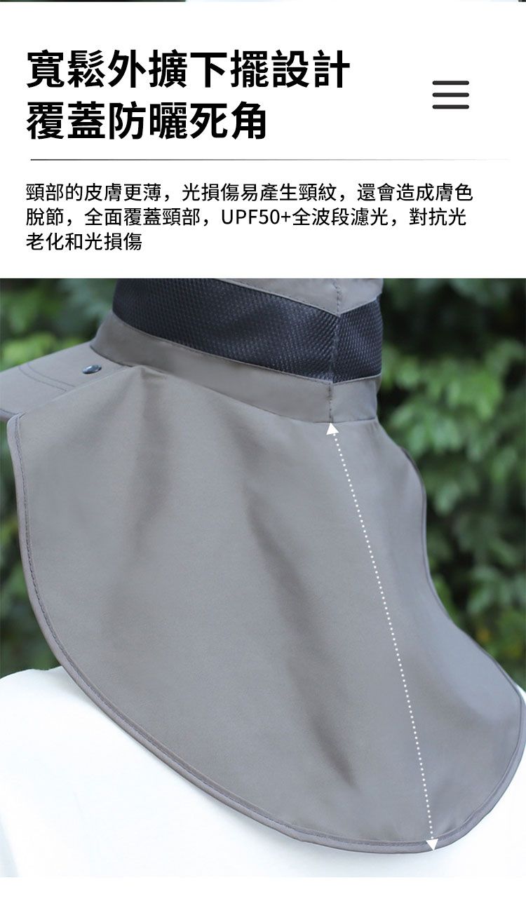 寬鬆外擴下擺設計覆蓋防曬死角=頸部的皮膚更薄,光損傷易產生頸紋,還會造成膚色脫節,全面覆蓋頸部,UPF50+全波段濾光,對抗光老化和光損傷