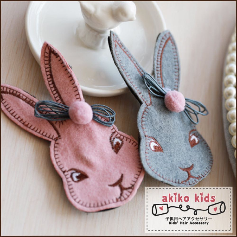 akiko kids 手工刺繡兔子造型兒童髮夾 -灰色-2入組