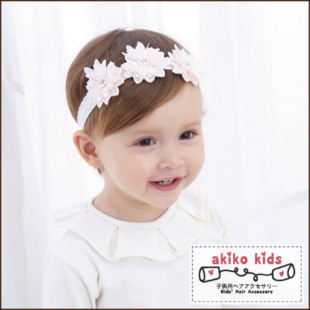 akiko kids 甜美蕾絲3朵花造型0.3-18個月寶寶髮帶 -淺粉紅