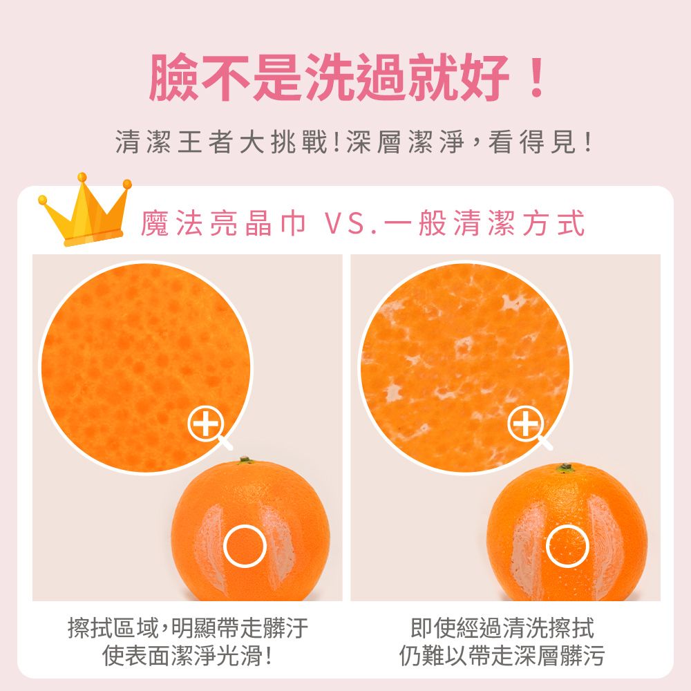 臉不是洗過就好!清潔王者大挑戰!深層潔淨,看得見!魔法亮晶巾 VS.一般清潔方式擦拭區域,明顯帶走髒汙使表面潔淨光滑!即使經過清洗擦拭仍難以帶走深層髒污