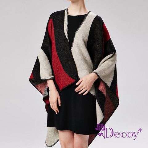 Decoy 流線印象派雙色加大保暖斗篷式披肩/黑紅