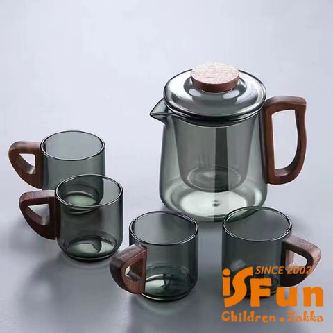 【iSFun】日式格調 胡桃木側把耐熱玻璃過濾泡茶壺+4茶杯套組/煙灰色