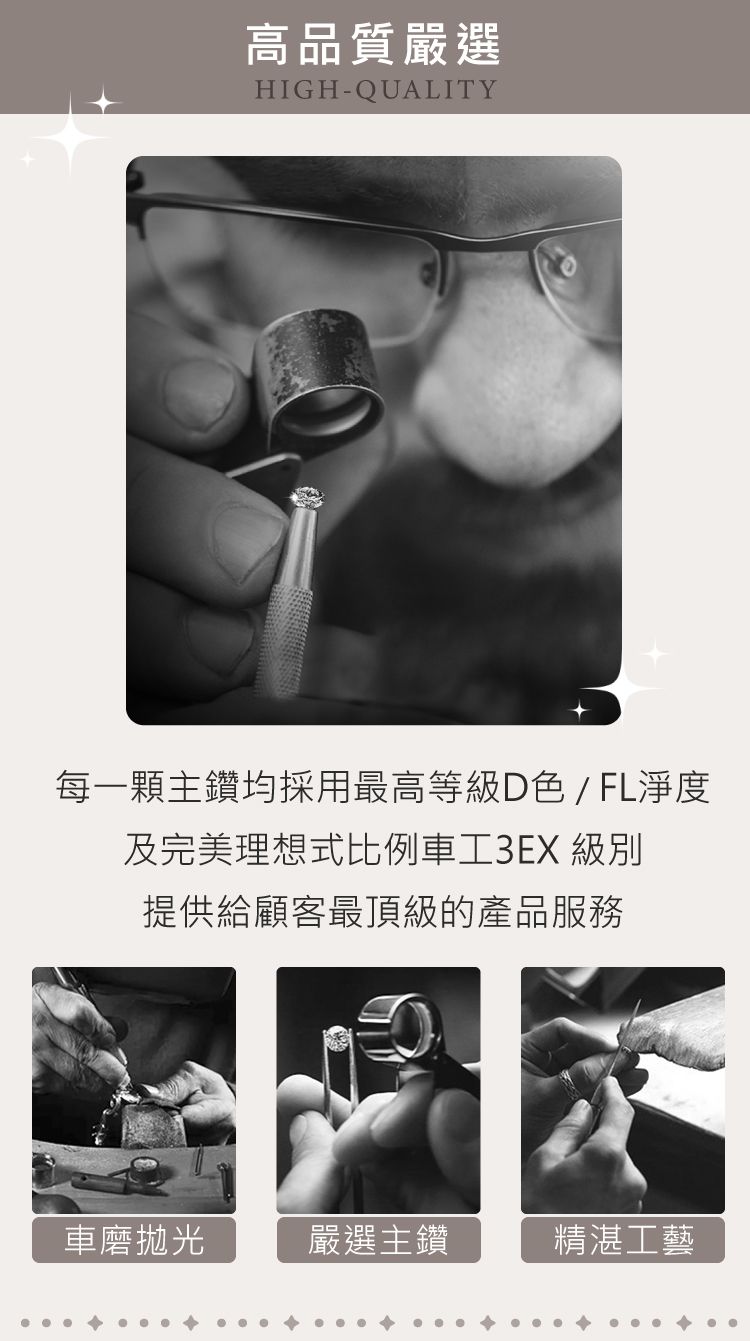 高品質嚴選HIGH-QUALITY每一顆主鑽均採用最高等級D色/FL度及完美理想式比例車工3EX級別提供給顧客最頂級的產品服務車磨拋光嚴選主鑽精湛工藝
