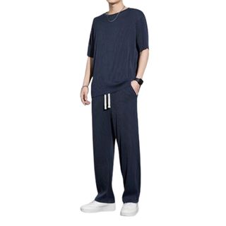 【CS22】寬鬆垂感冰絲運動休閒套裝(上衣+長褲)M-5XL