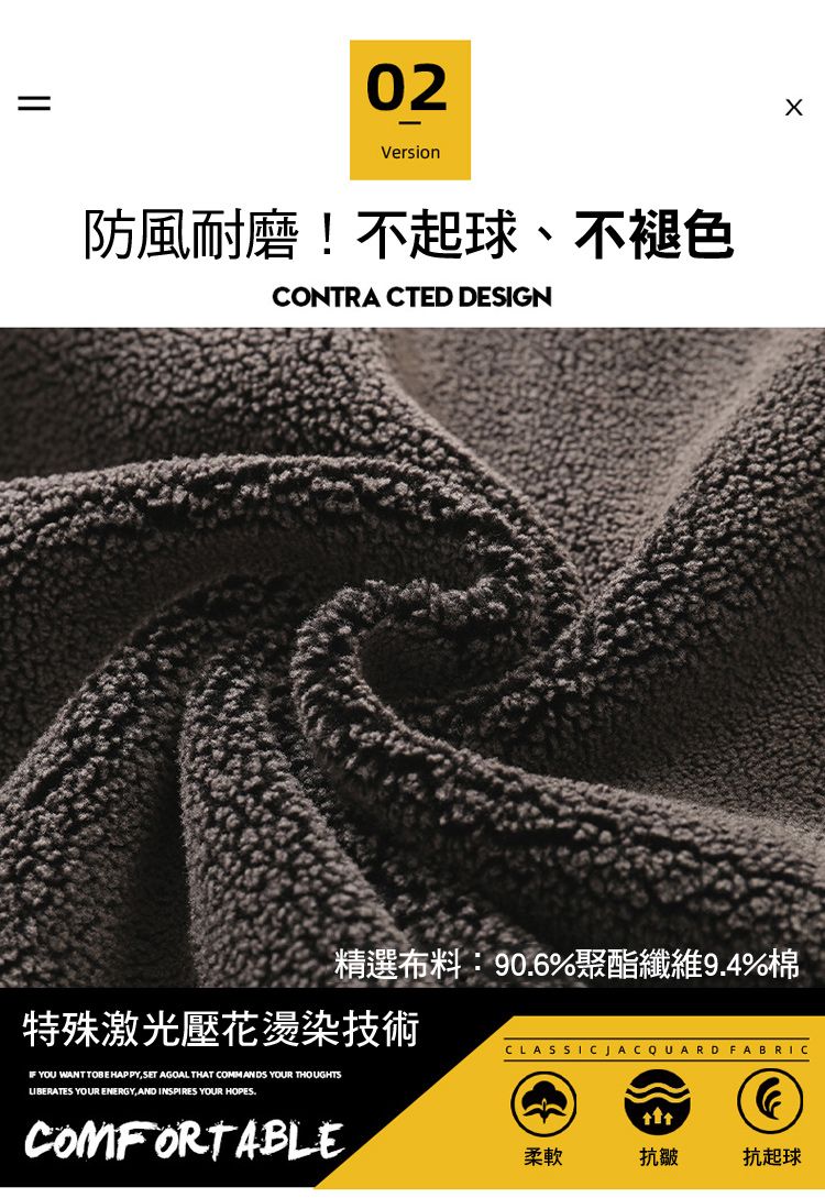 ||02Version防風耐磨!不起球、不褪色CONTRACTED DESIGN精選布料:906%聚酯纖維9.4%棉特殊激光壓花燙染技術CLASSICJACQUARD FABRIC YOU WANTTOBE HAPPY,SET AGOAL THAT COMMANDS YOUR THOUGHTSLIBERATES YOUR ENERGY, AND INSPIRES YOUR HOPES.COMFORTABLE柔軟抗皺抗起球