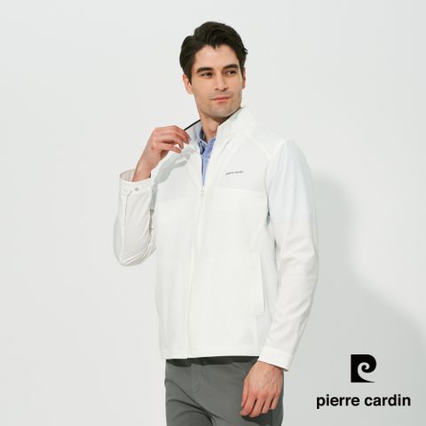 【pierre cardin 皮爾卡登】男款 都會休閒立領緹花薄夾克-白色 (5257601-91)