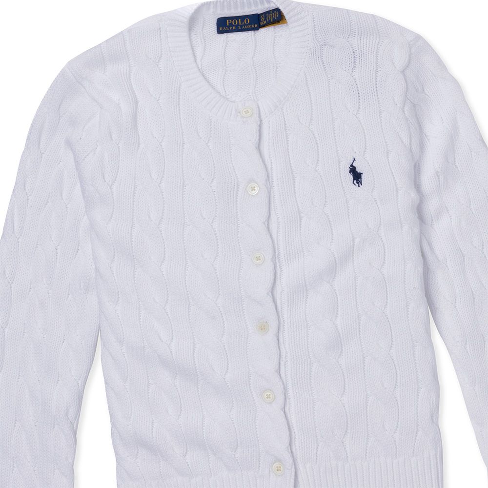 RALPH LAUREN POLO 熱銷圓領刺繡小馬麻花開襟外套(女)-白色