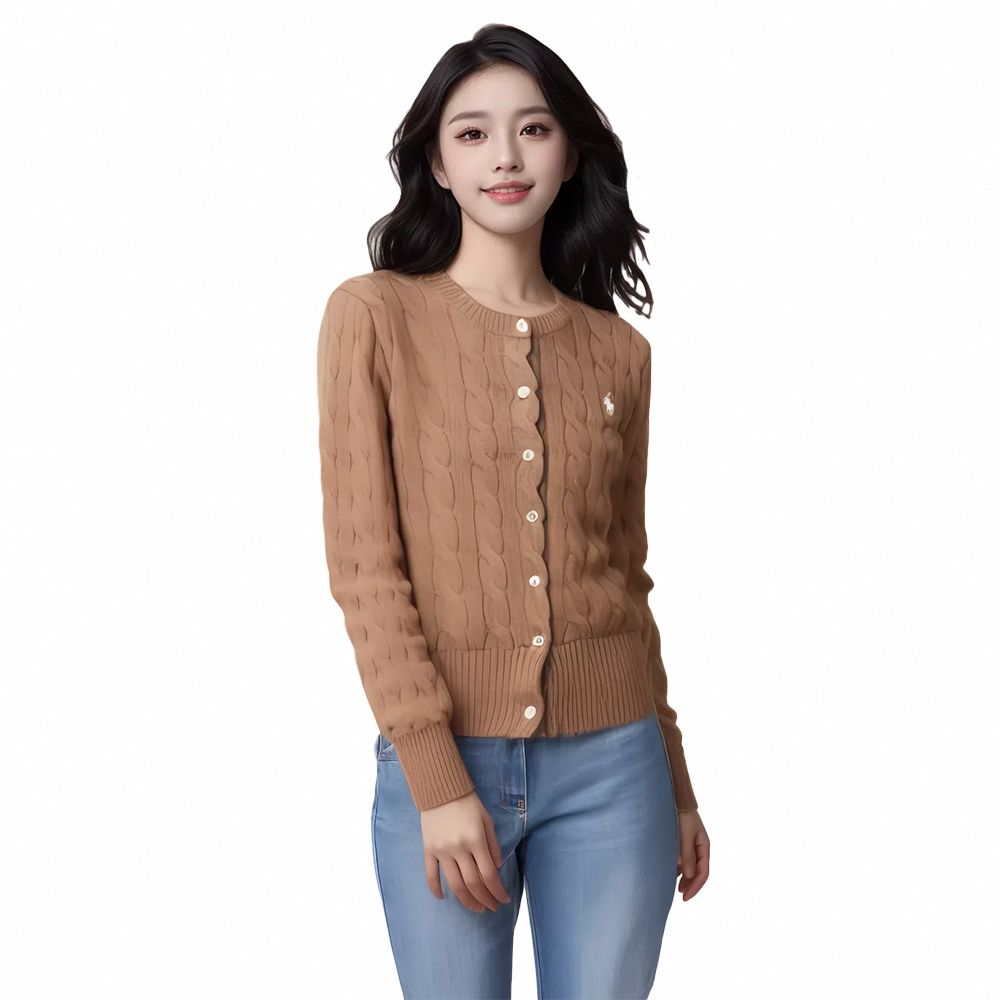RALPH LAUREN POLO 熱銷圓領刺繡小馬麻花開襟外套(女)-泰奶色