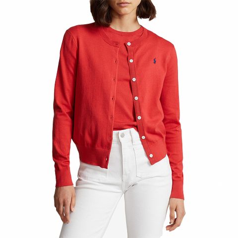 RALPH LAUREN POLO 熱銷圓領刺繡小馬針織開襟外套(女)-紅色