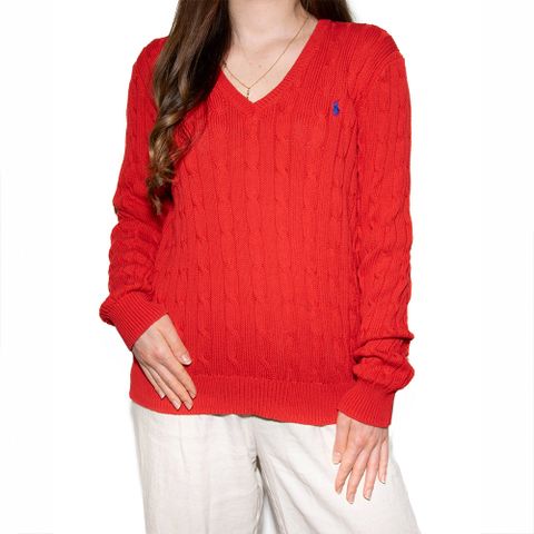 RALPH LAUREN POLO 熱銷V領刺繡小馬麻花毛衣(女)-紅色