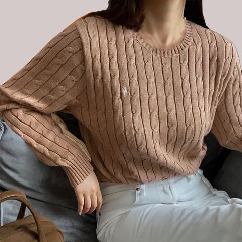Polo Ralph Lauren RL 熱銷圓領刺繡小馬麻花毛衣(女)-奶茶色