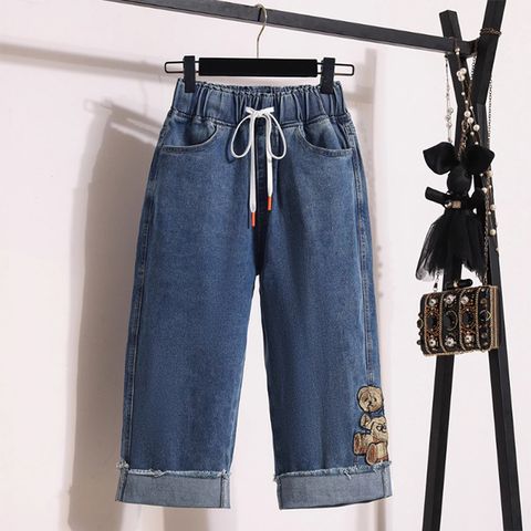 【韓國K.W.】KD3160現貨天真模樣丹寧牛仔刺繡褲(直筒褲/寬褲/哈倫褲)