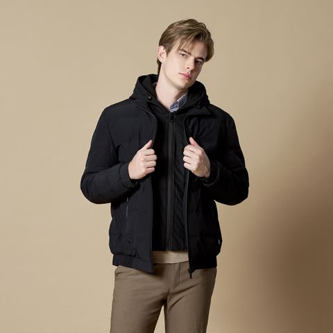 【pierre cardin 皮爾卡登】男裝 都會休閒連帽假兩件羽絨夾克外套-黑色 (5245771-99)