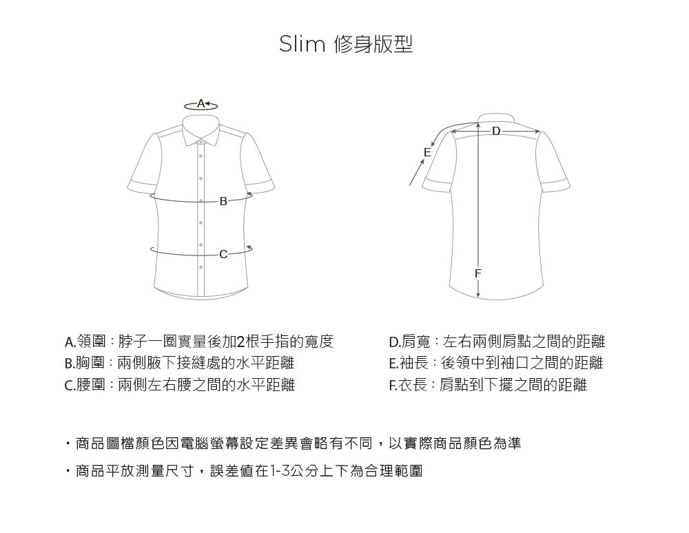 BSlim 修身版型EFDA.領圍:脖子一圈實量後加2根手指的寬度D.肩寬:左右兩側肩點之間的距離B.胸圍:兩側腋下接縫處的水平距離E.袖長:後領中到袖口之間的距離C.腰圍:兩側左右腰之間的水平距離F.衣長:肩點到下擺之間的距離商品圖檔顏色因電腦螢幕設定差異會略有不同,以實際商品顏色為準·商品平放測量尺寸,誤差值在1-3公分上下為合理範圍