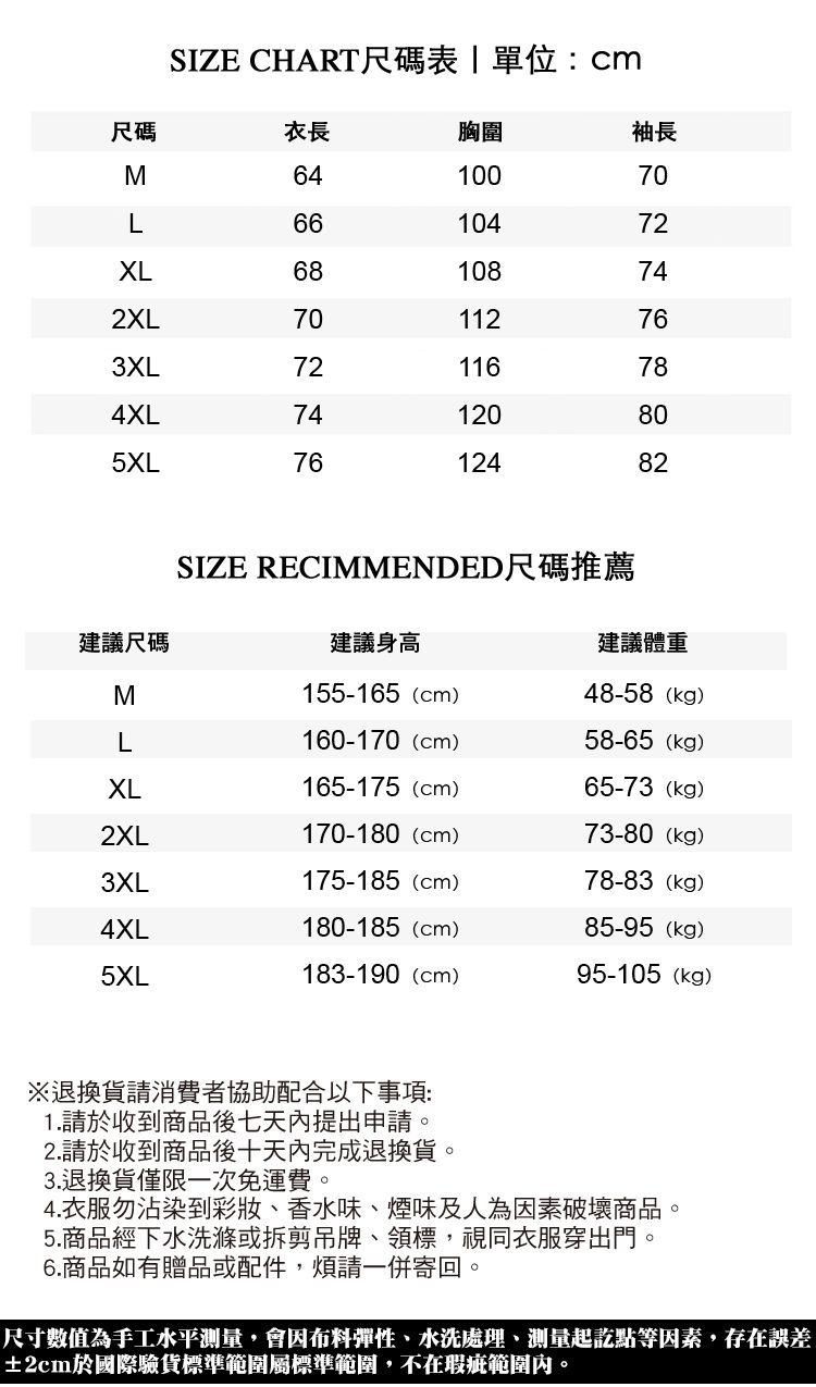 SIZE CHART尺碼表|單位:cm尺碼衣長胸圍袖長M6410070L6610472XL68108742XL70112763XL72116784XL74120805XL7612482建議尺碼SIZE RECIMMENDED尺碼推薦建議身高建議體重M155-165(cm)48-58(kg)L160-170(cm)58-65(kg)XL165-175 (cm)65-73(kg)2XL170-180(cm)73-80(kg)3XL175-185(cm)78-83(kg)4XL180-185 (cm)85-95(kg)5XL183-190(cm)95-105(kg)※退換貨請消費者協助配合以下事項:1.請於收到商品後七天內提出申請。2.請於收到商品後十天內完成退換貨。3.退換貨僅限一次免運費。4.衣服勿沾染到彩妝、香水味、煙味及人為因素破壞商品。5.商品經下水洗滌或拆剪吊牌、領標,視同衣服穿出門。6.商品如有贈品或配件,煩請一併寄回。尺寸數值為手工水平測量,會因布料彈性、水洗處理、測量起訖點等因素,存在誤差±2cm於國際驗貨標準範圍標準範圍,不在瑕疵範圍內。
