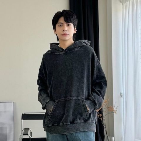 【AMERO】男女款 水洗落肩素帽T 寬鬆版型 情侶裝