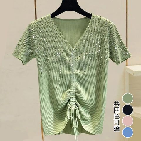 【韓國K.W.】KN2509Sale冰絲針織V領燙鑽上衣(冰絲 燙鑽 上衣 休閒)
