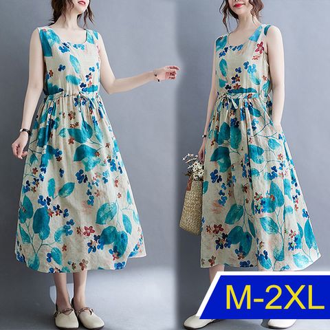 【韓國K.W.】KBN7328夏季碎花收腰背心洋裝(渡假風/苧麻/亞麻/輕薄)