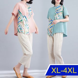 【韓國K.W.】KQN3977塗鴉亞麻襯衫套裝(套裝/秋冬/外出/休閒)