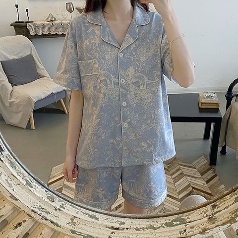 【韓國K.W.】KQN4164現貨韓國棉水波睡衣蕾絲碎花短袖短褲大碼家居服套裝(套裝/褲裝/裙裝/居家/休閒)