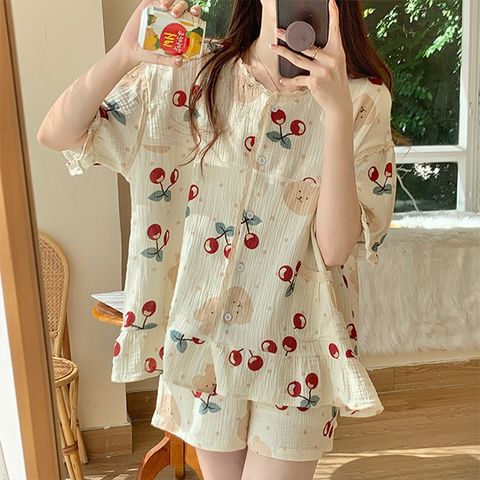 K.W. 現貨韓國櫻桃棉睡衣蕾絲碎花短袖短褲大碼家居服套裝(褲裝/居家/休閒)