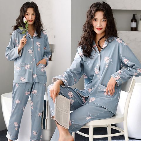 【韓國K.W.】KQM4027現貨藍花棉質立領高質感休閒家居服(親膚/舒適/休閒/睡衣)