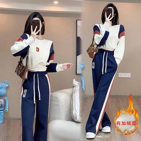 【韓國K.W.】KQM4031現貨美式撞色加絨加厚運動休閒套裝(加絨/保暖/運動/套裝)