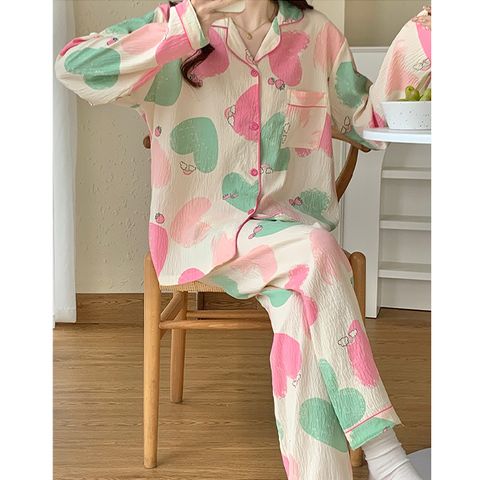 【韓國K.W.】KQM4240現貨棉稠愛心多巴胺炫彩休閒家居服套裝(外出套裝/褲套裝/休閒/睡衣)