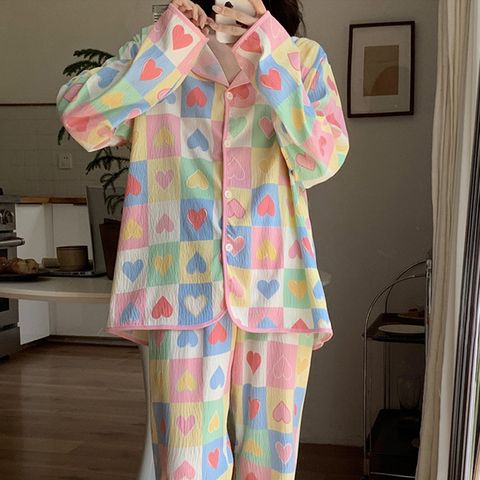 【韓國K.W.】KQM4241現貨棉稠繽紛愛心多巴胺炫彩休閒家居服套裝(外出套裝/褲套裝/休閒/睡衣)