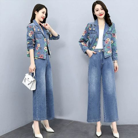 【韓國K.W.】KQM4066現貨法式復古花收腰牛仔套裝(丹寧套裝/小香風/外出套裝/時尚/運動/長袖)