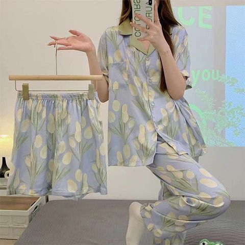 【韓國K.W.】KQN3973現貨鬱金香冰絲換季首選三件組套裝睡衣(套裝/秋冬/睡衣/休閒)