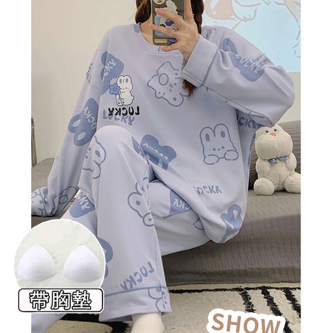 【韓國K.W.】KQM4300現貨正韓進口圓領童趣藍兔家居服套裝休閒服帶胸墊(休閒/睡裙/睡衣)