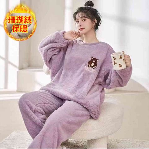 【韓國K.W.】KQM4308現貨韓國專櫃品質紫熊珊瑚絨保暖套裝(保暖/洋裝/超暖禦寒/加絨)