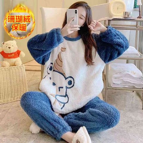 【韓國K.W.】KQM4311現貨韓國專櫃品質藍白熊珊瑚絨保暖套裝(保暖/洋裝/超暖禦寒/加絨)