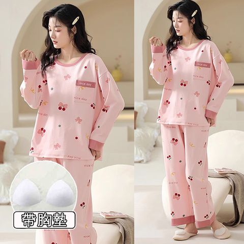 【韓國K.W.】KQM4301現貨正韓進口圓領櫻桃童趣家居服套裝休閒服帶胸墊(休閒/睡裙/睡衣)