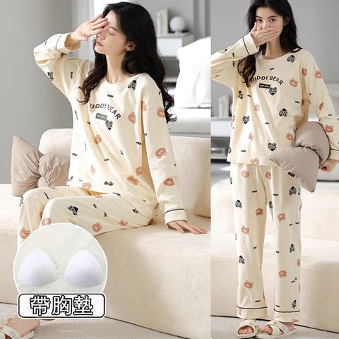 【韓國K.W.】KQM4302現貨正韓進口圓領童趣家居服套裝休閒服帶胸墊(休閒/睡裙/睡衣)
