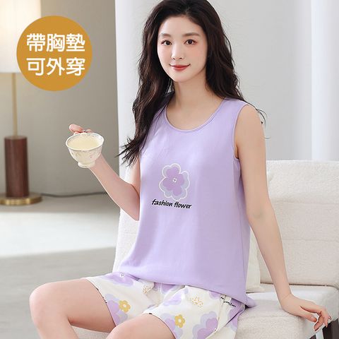 【韓國K.W.】KQN4480韓國紫花棉背心印花家居服睡衣套裝(背心/大面印花/短褲)