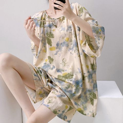 【韓國K.W.】KQN4587韓國專櫃水墨藍涼感棉稠寛大休閒套裝睡衣(綁帶造型/大面印花/短褲)