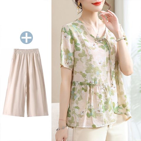 【韓國K.W.】KQN4470韓國綠葉亞麻紗涼感造型套裝(寬褲/外出套裝/大面印花)